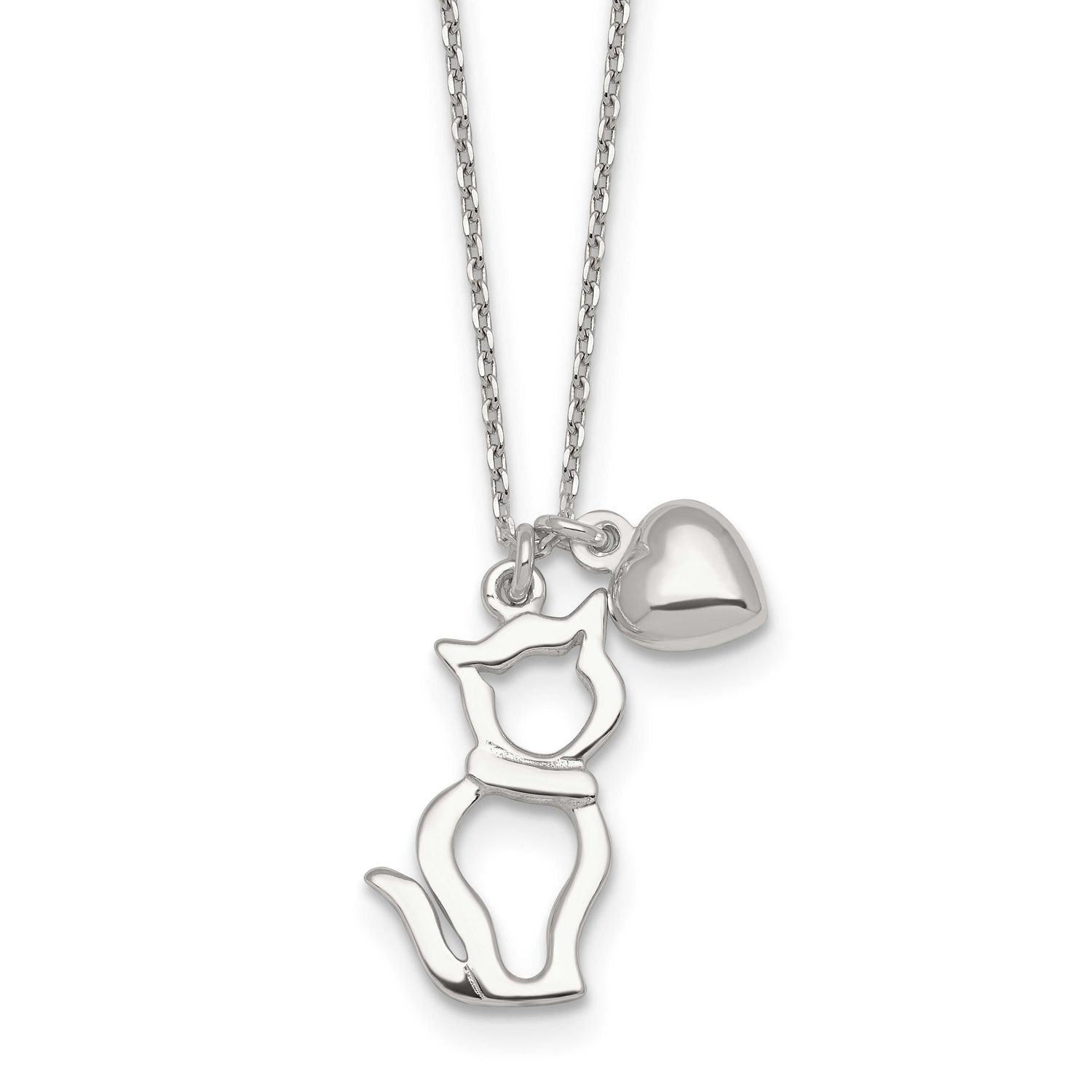 Cat Silhouette and Heart Necklace Sterling Silver Polished, MPN: QG7129-16, UPC: