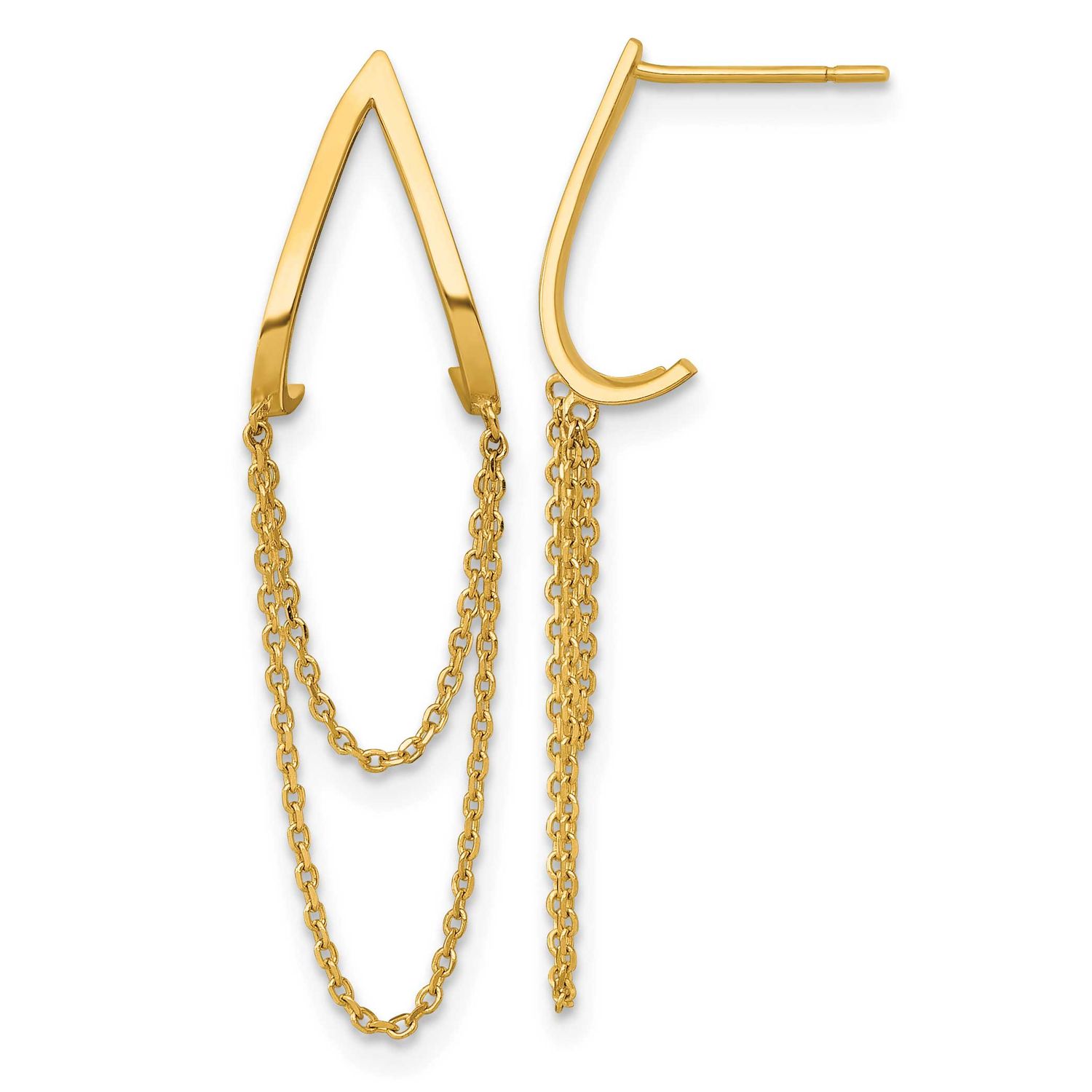 V Design with Dangle Chain Post Earrings 32 Inch 14k Gold Polished, MPN: YE2281, UPC: