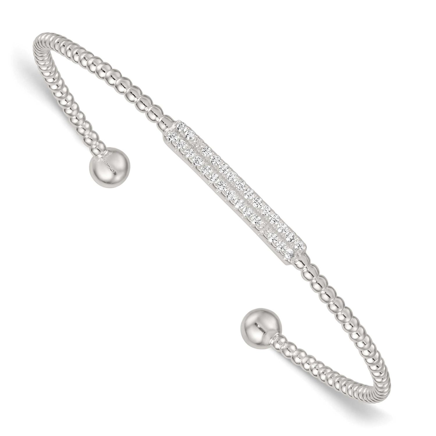 Beaded CZ Bar Cuff Bangle Sterling Silver Polished, MPN: QB1588, UPC: