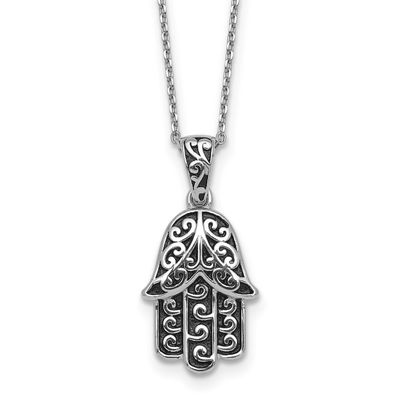 Polished/Oxidized Filigree Hamsa 18 Inch Necklace Sterling Silver Rhodium-Plated Polished, MPN: QG7…