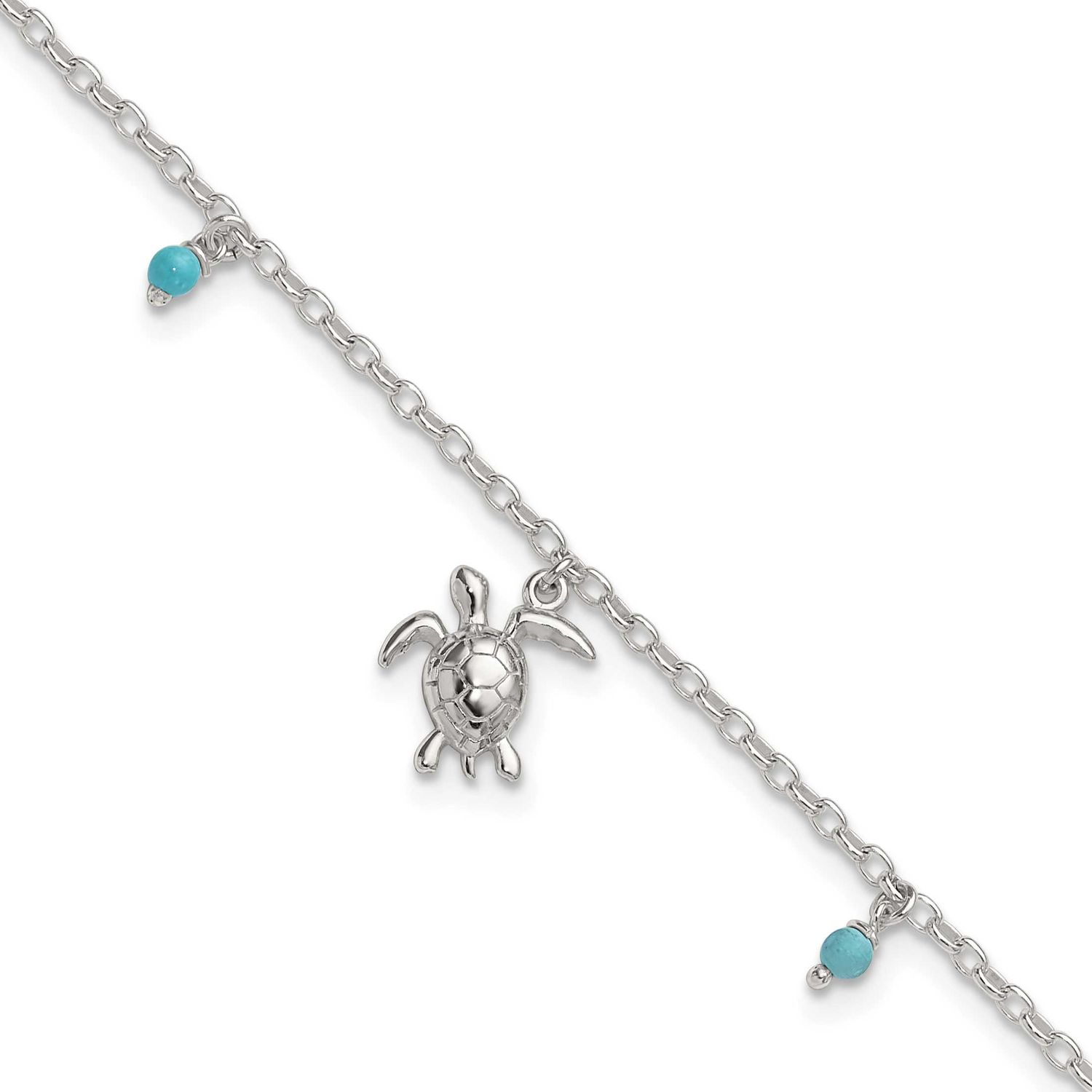 Beaded Turquoise Turtle 9 Inch Plus 1 Inch Extension Anklet Sterling Silver, MPN: QG6891-9, UPC: