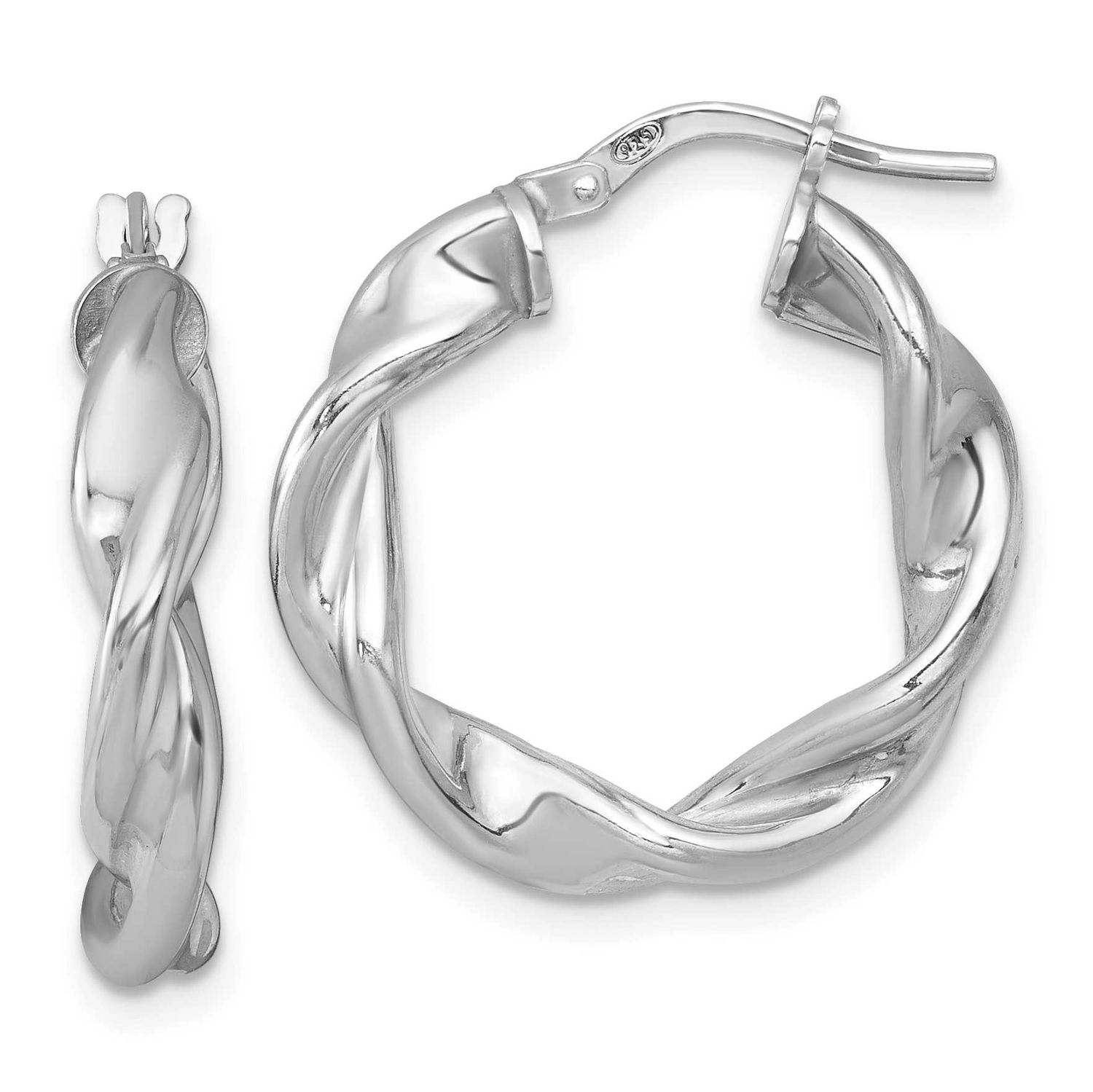 Twisted Round Hoop Earrings Sterling Silver Rhodium-Plated Polished, MPN: QE17888, UPC: