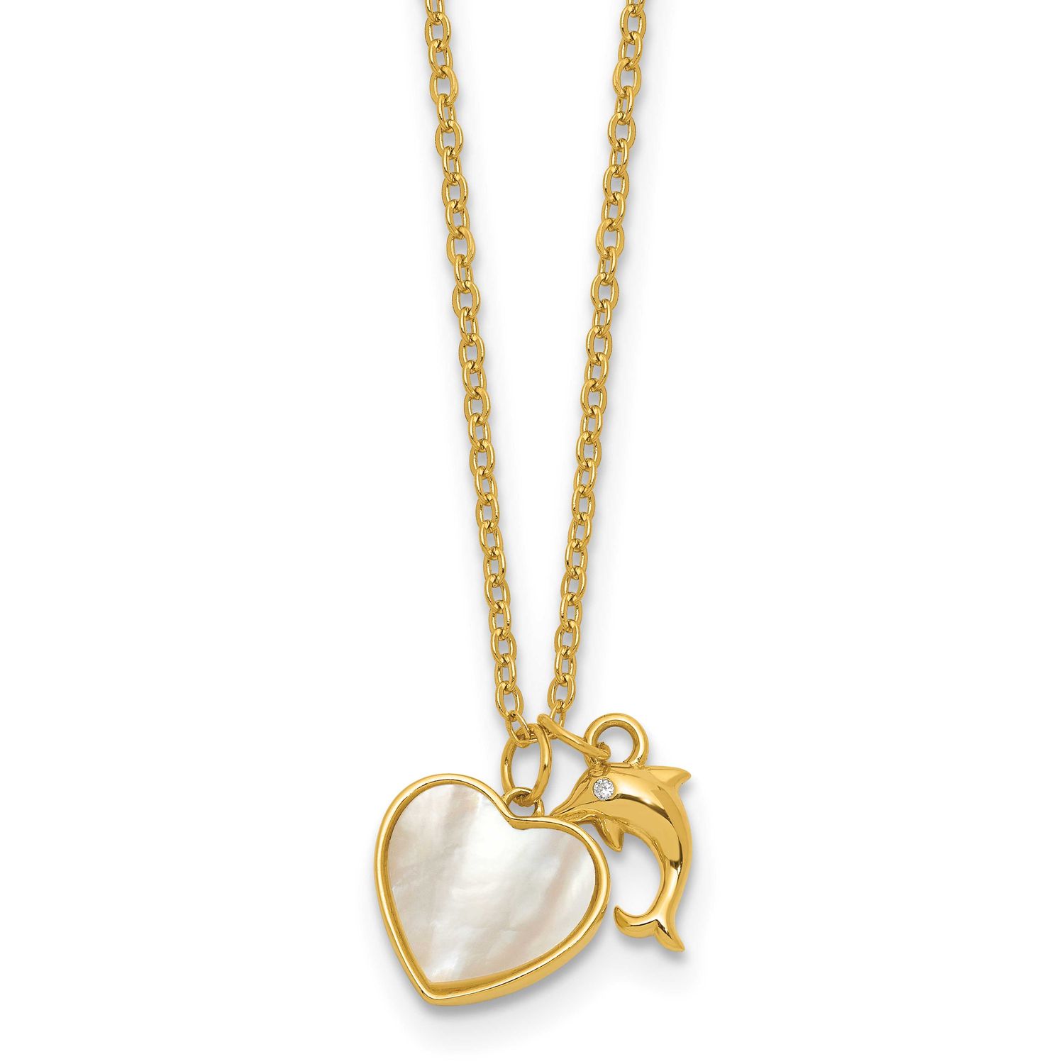 Gold-Tone Mop and CZ Heart and Dolphin 16 Inch with 2 Inch Extension Necklace Sterling Silver, MPN:…