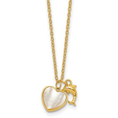 Gold-Tone Mop and CZ Heart and Dolphin 16 Inch with 2 Inch Extension Necklace Sterling Silver, MPN:…