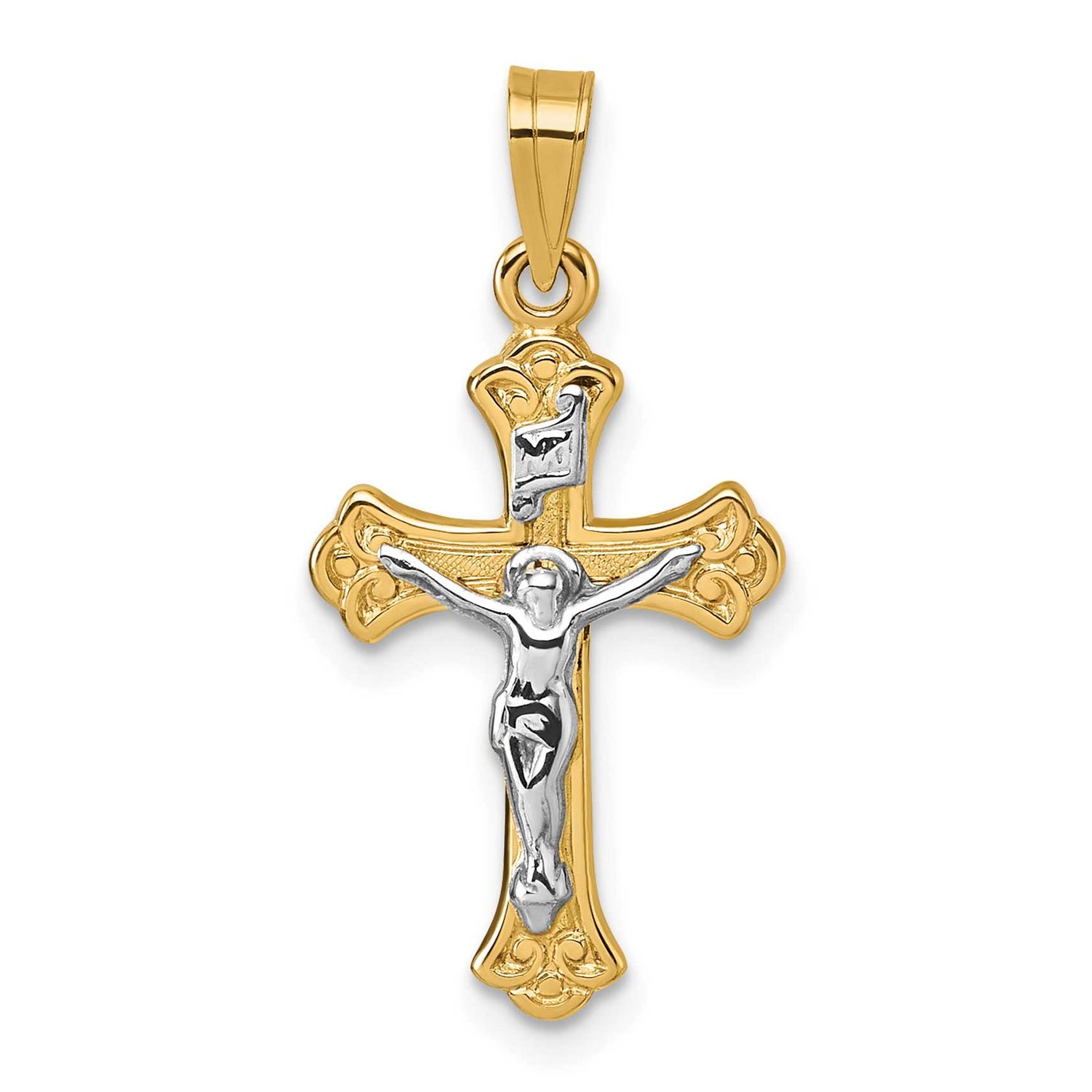 Inri Crucifix Cross Pendant 14k Gold with Rhodium Polished, MPN: XR2184, UPC: