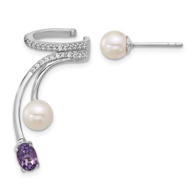 CZ Fwc Pearl Amethyst Post and Cuff Asymmetric Earrings Sterling Silver Rhodium-Plated, MPN: QE1833…