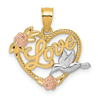 White Rhodium Polish Love Floral and Bird Heart Pendant 14k Two Tone Gold, MPN: K10005, UPC: