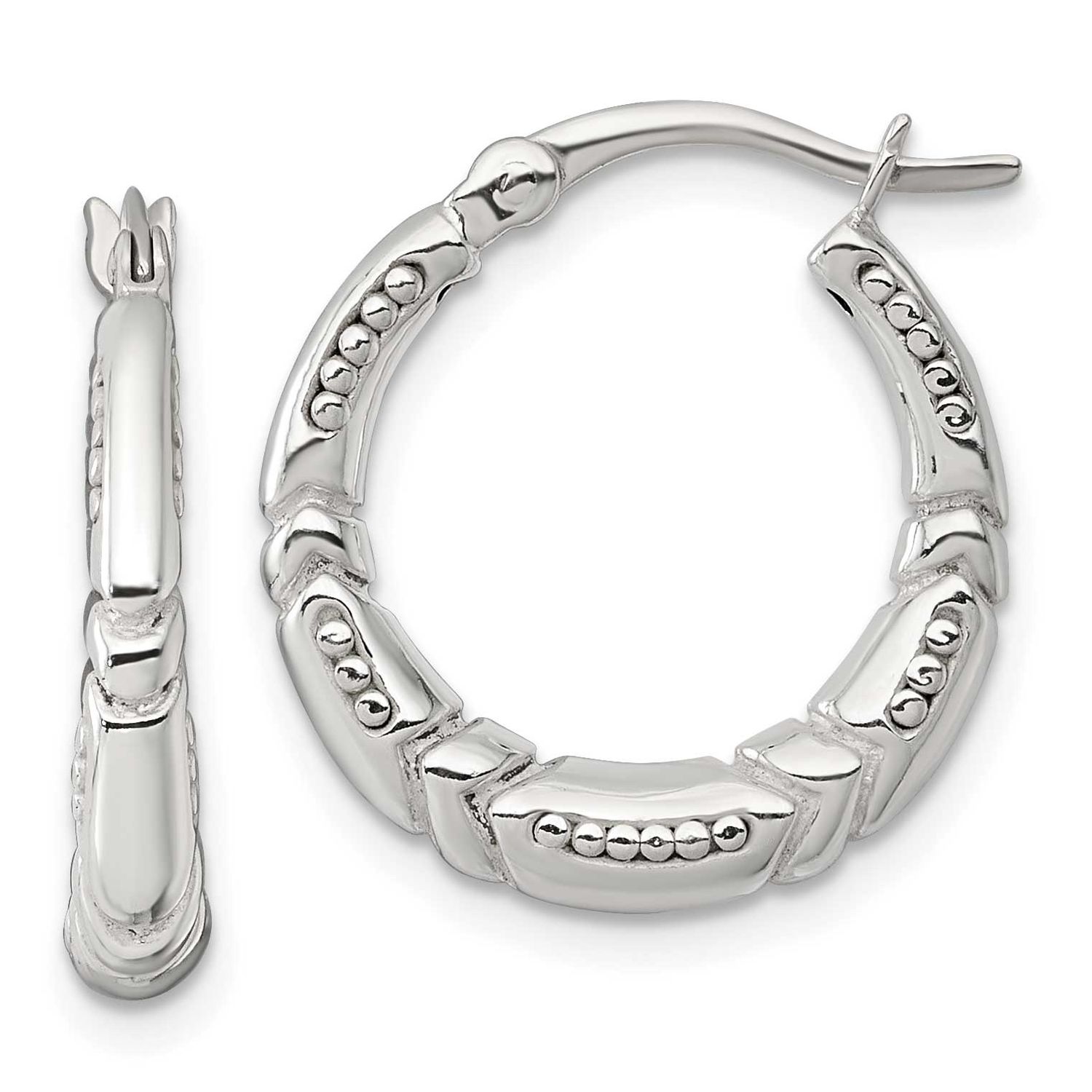 Beaded and Grooved Round Hollow Hoop Earrings Sterling Silver Polished, MPN: QE17870, UPC: