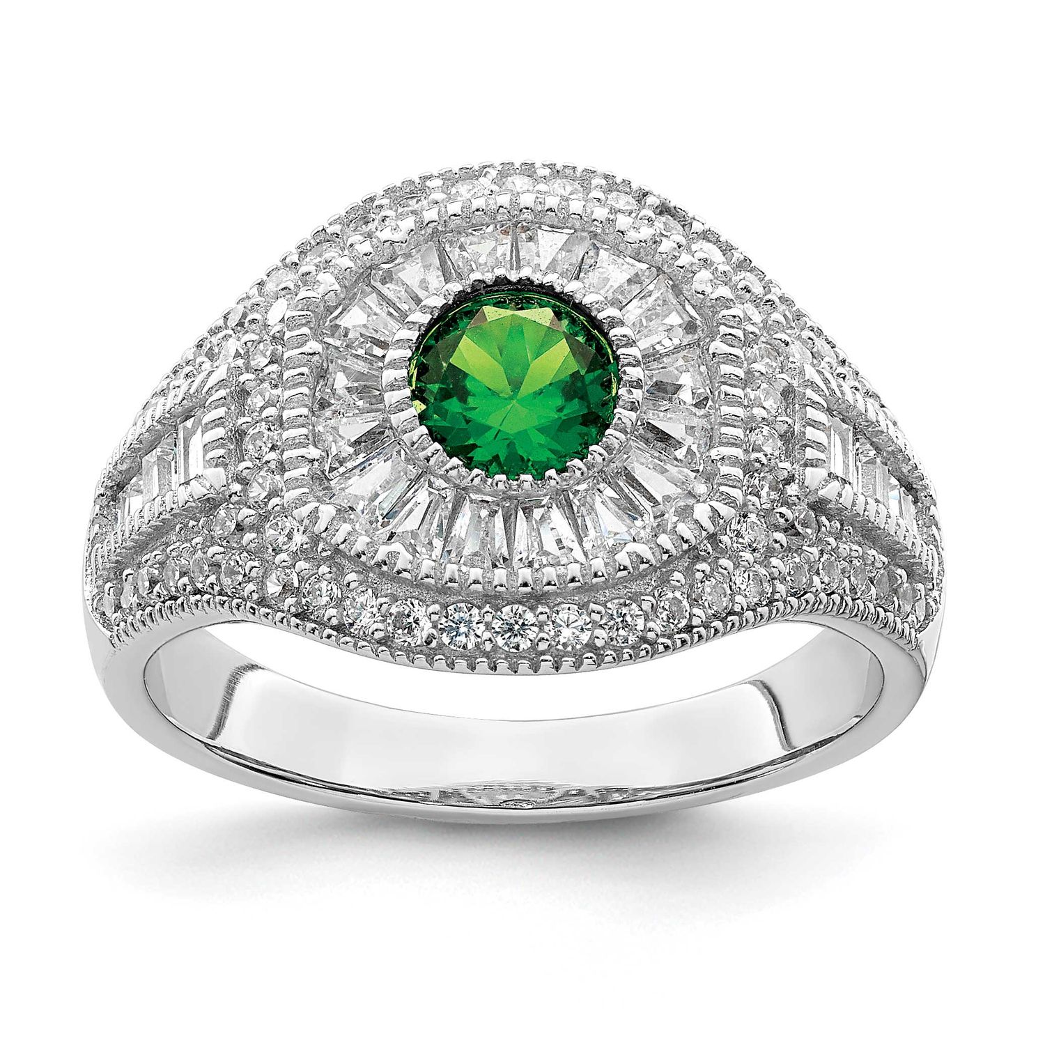 Polished Green &amp; White CZ Ring Sterling Silver Rhodium-Plated, MPN: QR7387, UPC: