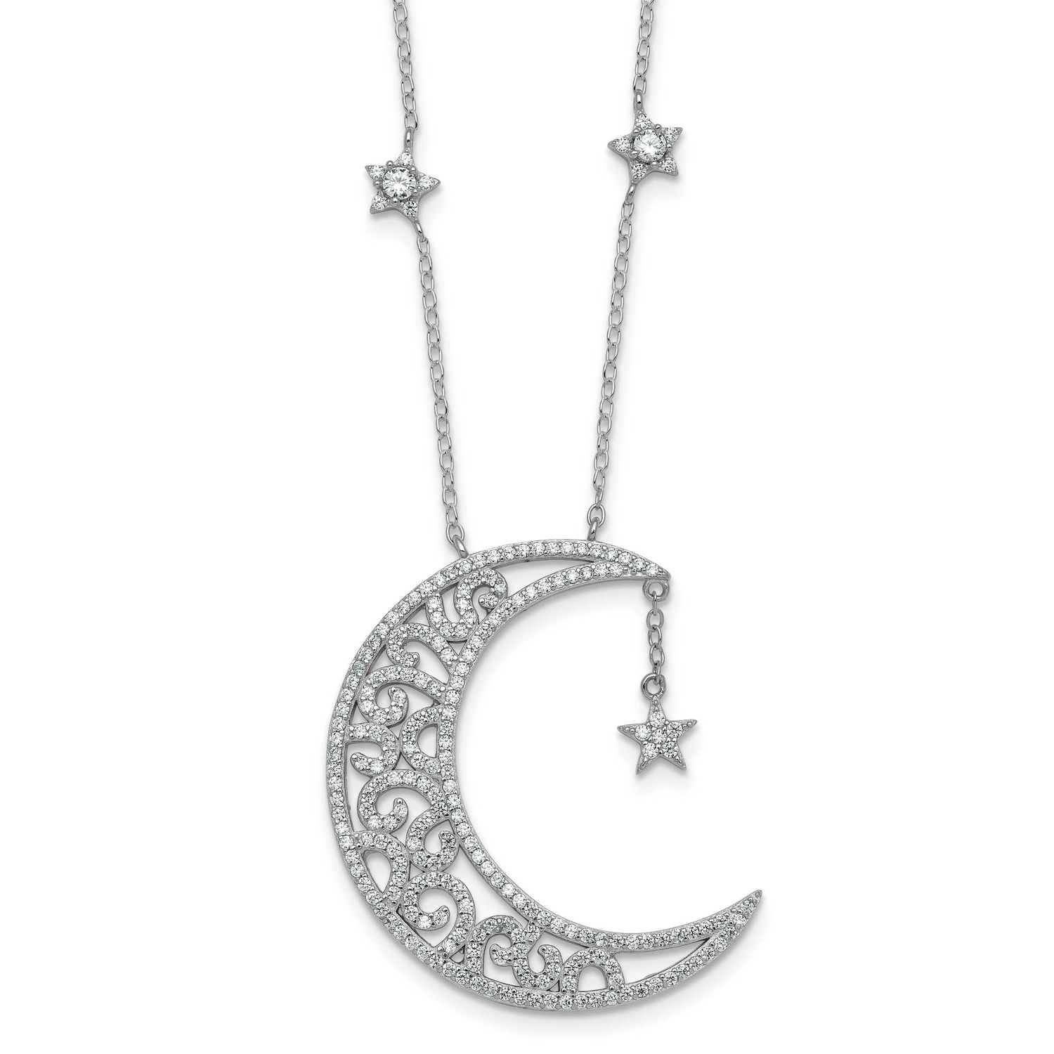 CZ Moon and Stars 18 Inch Necklace Sterling Silver Rhodium-Plated Polished, MPN: QG7099-18, UPC: