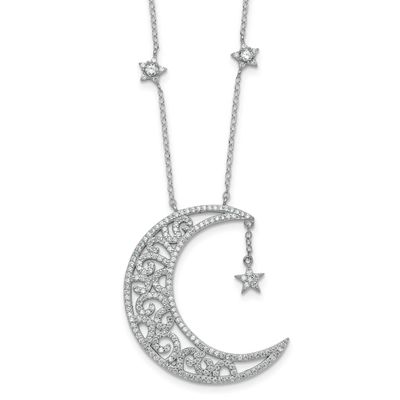 CZ Moon and Stars 18 Inch Necklace Sterling Silver Rhodium-Plated Polished, MPN: QG7099-18, UPC: