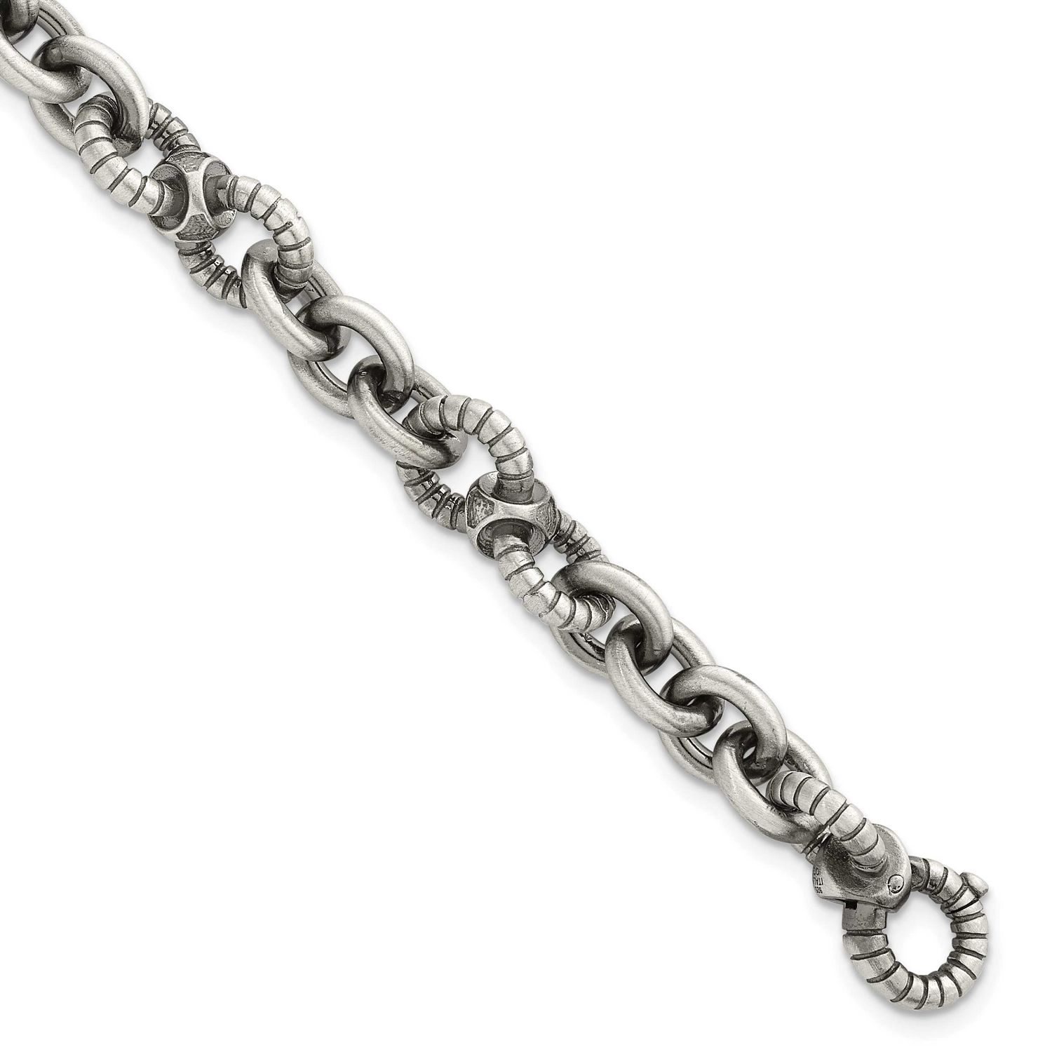 Black Ruthenium Brushed Fancy Textured Link Men&#39;s Bracelet Sterling Silver, MPN: QG6791-8.25, UPC: