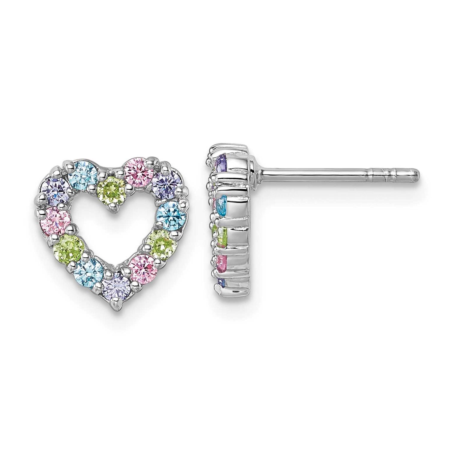 Multi Color CZ Heart Post Earrings Sterling Silver Rhodium-Plated, MPN: QG7203E, UPC: