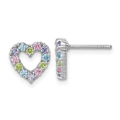 Multi Color CZ Heart Post Earrings Sterling Silver Rhodium-Plated, MPN: QG7203E, UPC: