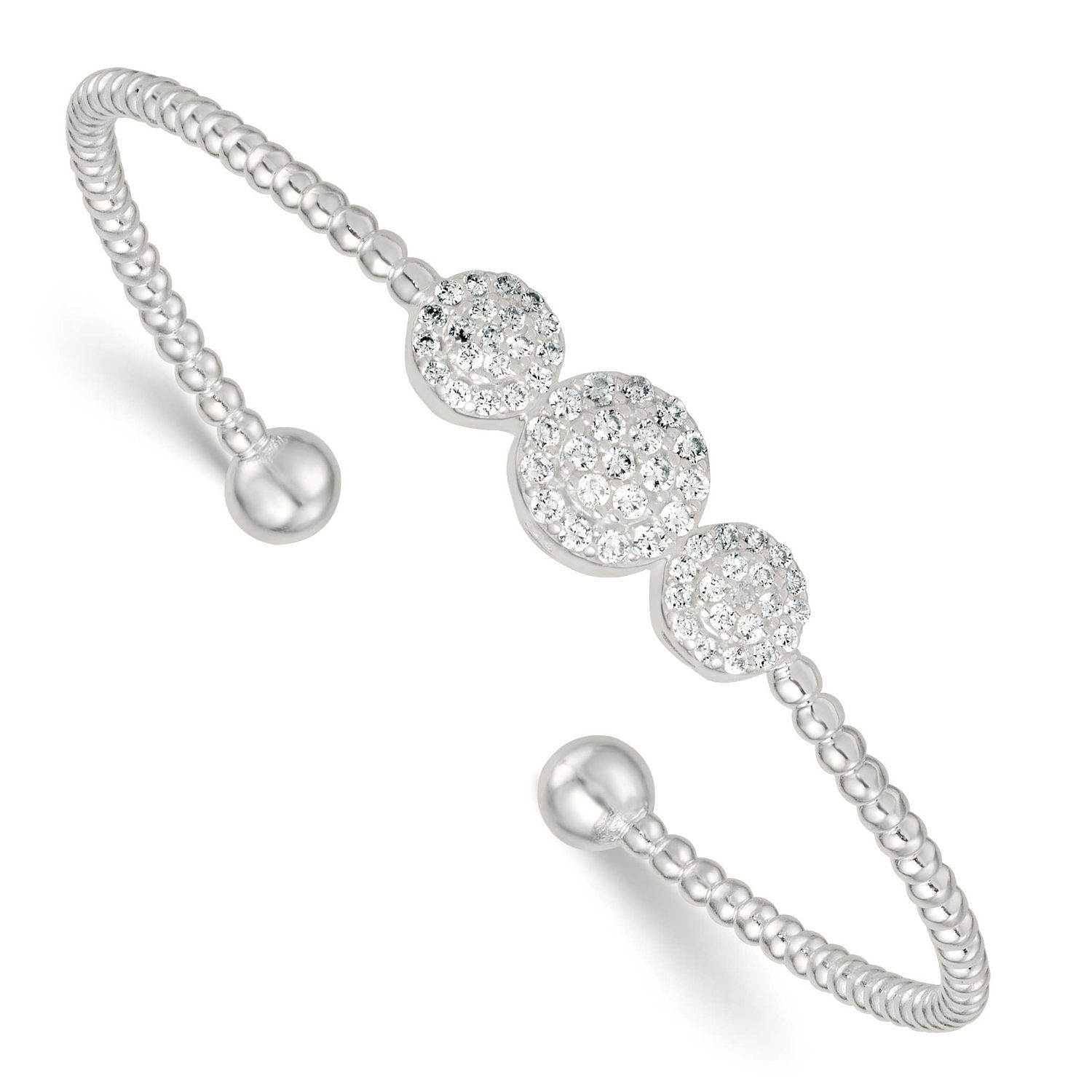 Beaded Pave CZ Triple Circle Cuff Bangle Sterling Silver Polished, MPN: QB1591, UPC: