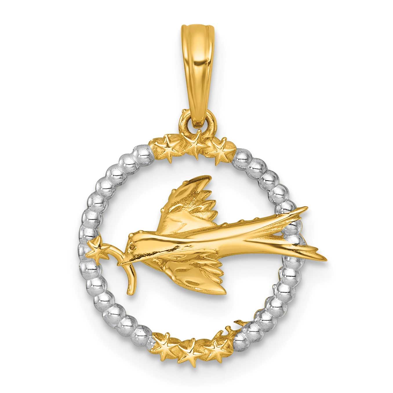 Flying Bird In Circle with Stars Charm 14k Gold with Rhodium Polished, MPN: K10054, UPC: