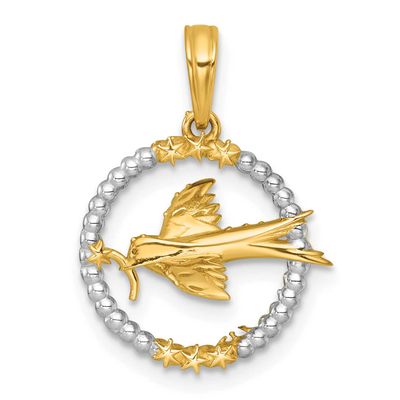 Flying Bird In Circle with Stars Charm 14k Gold with Rhodium Polished, MPN: K10054, UPC: