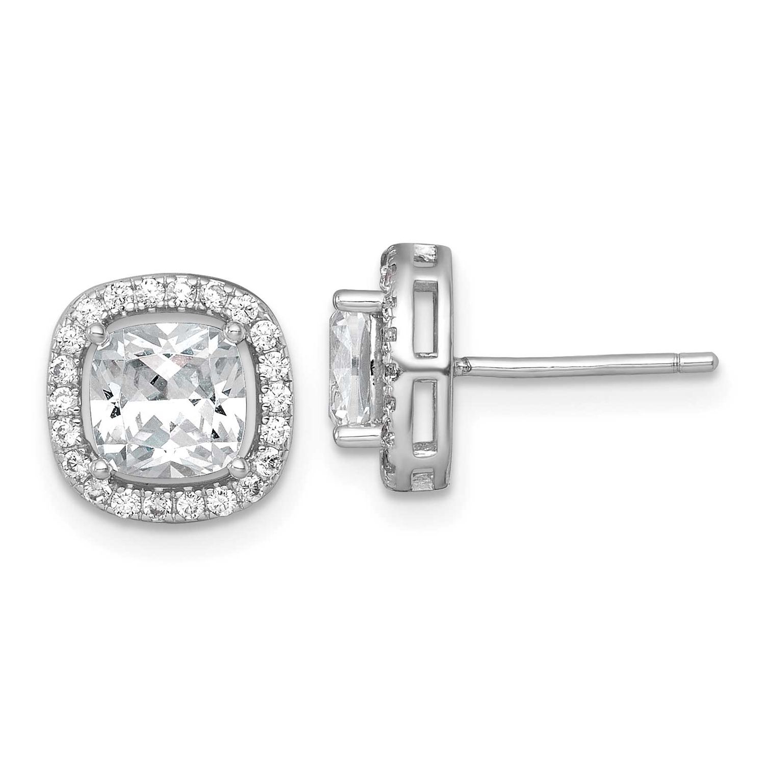 10mm Cushion Halo CZ Post Earrings Sterling Silver Rhodium-Plated Polished, MPN: QE18047, UPC: