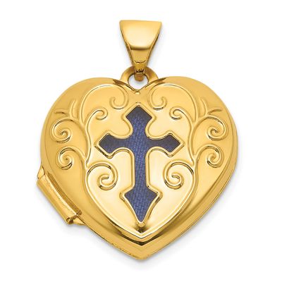 Blue Fabric Open Cross 18mm Heart Locket 14k Gold Polished, MPN: XL883, UPC: