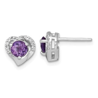 Polished Amethyst and White Topaz Heart Post Earrings Sterling Silver Rhodium-Plated, MPN: QE18329A…