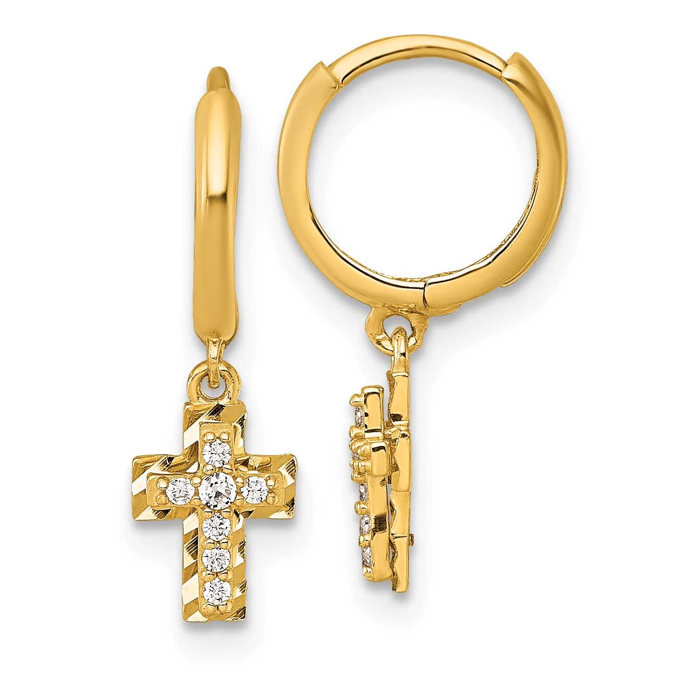 Diamond-cut &amp; CZ Dangle Cross Hinged Round Hoop Earrings 14k Gold Polished, MPN: YE2315, UPC:
