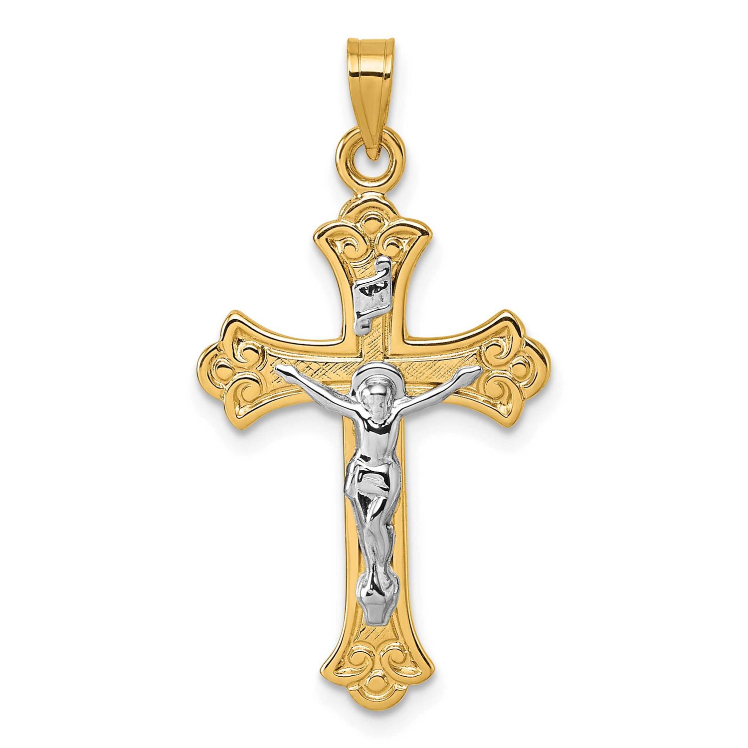 Fleur De Lis Inri Crucifix Cross Pendant 14k Gold with Rhodium, MPN: XR2185, UPC: