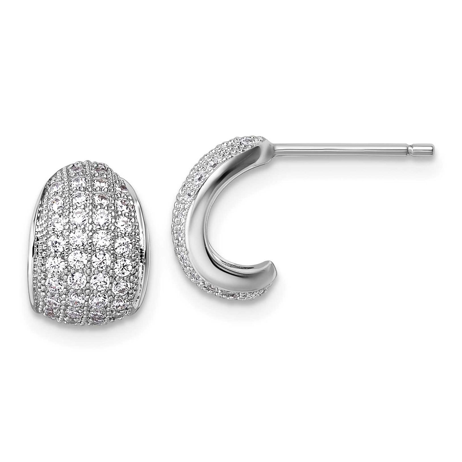 CZ Pave Post J-Hoop Earrings Sterling Silver Rhodium-Plated, MPN: QE18086, UPC: