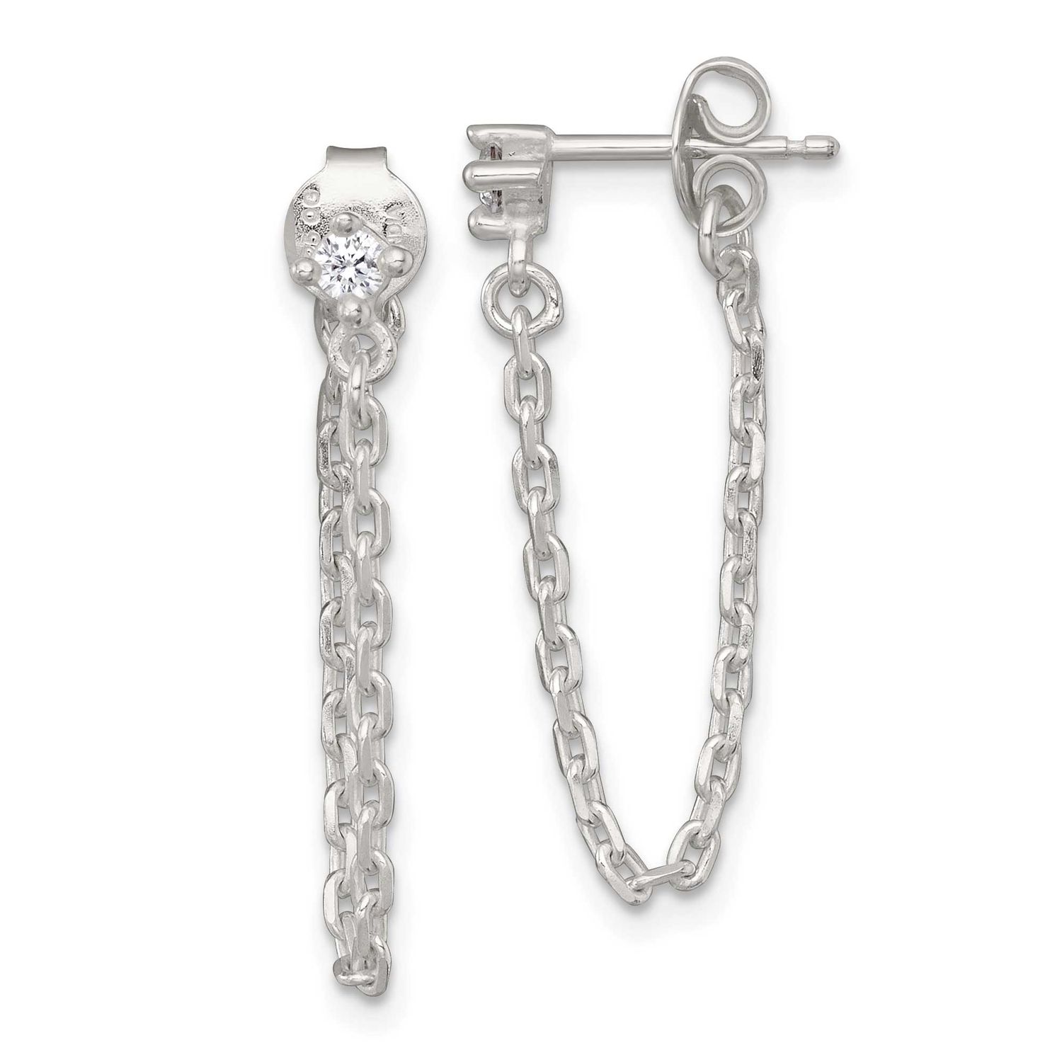 CZ Dangling Chain Post Earrings Sterling Silver Polished, MPN: QE18067, UPC:
