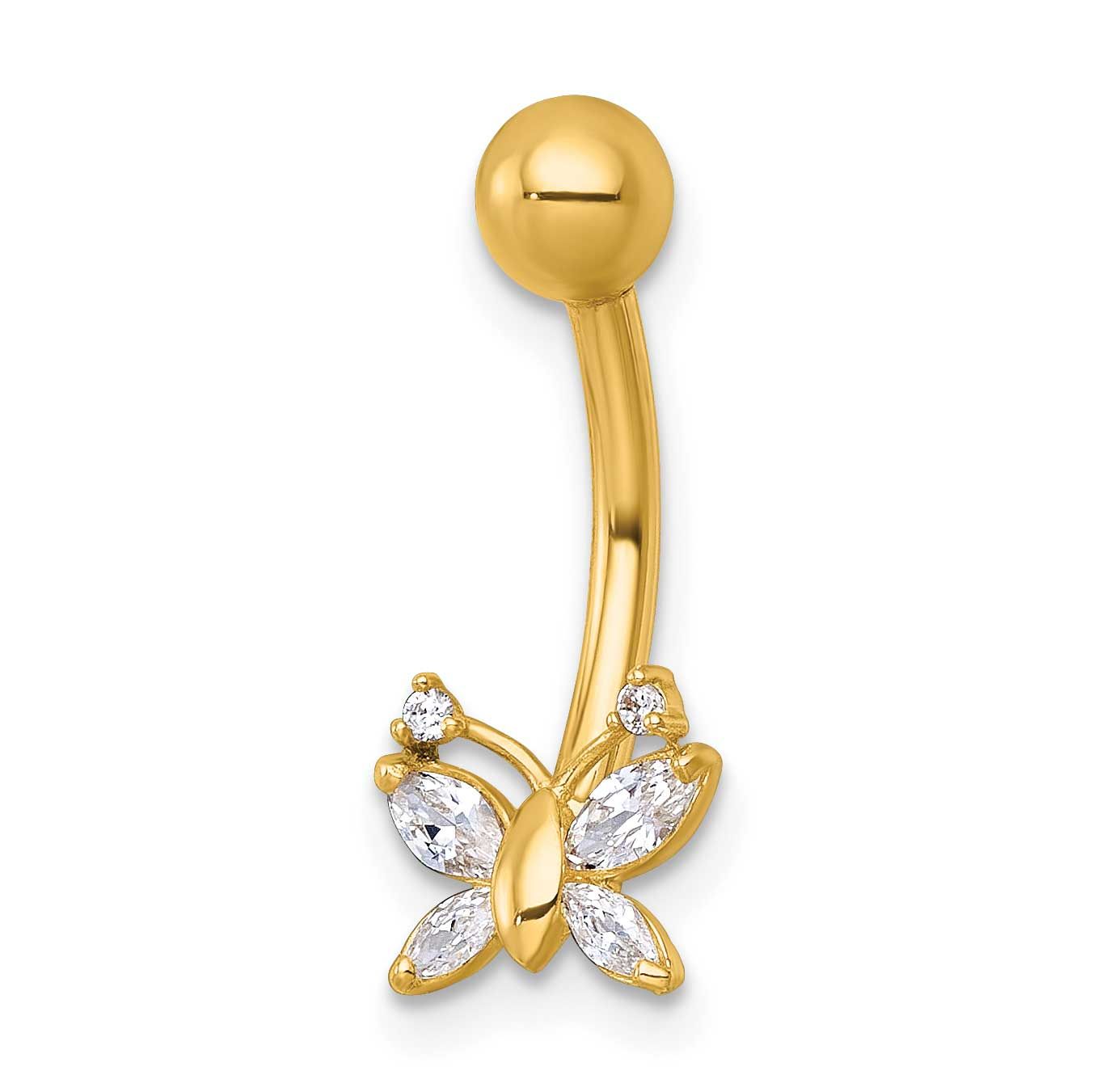 14 Gauge CZ Butterfly Navel Ring 10k Gold Polished, MPN: 10BD221, UPC: