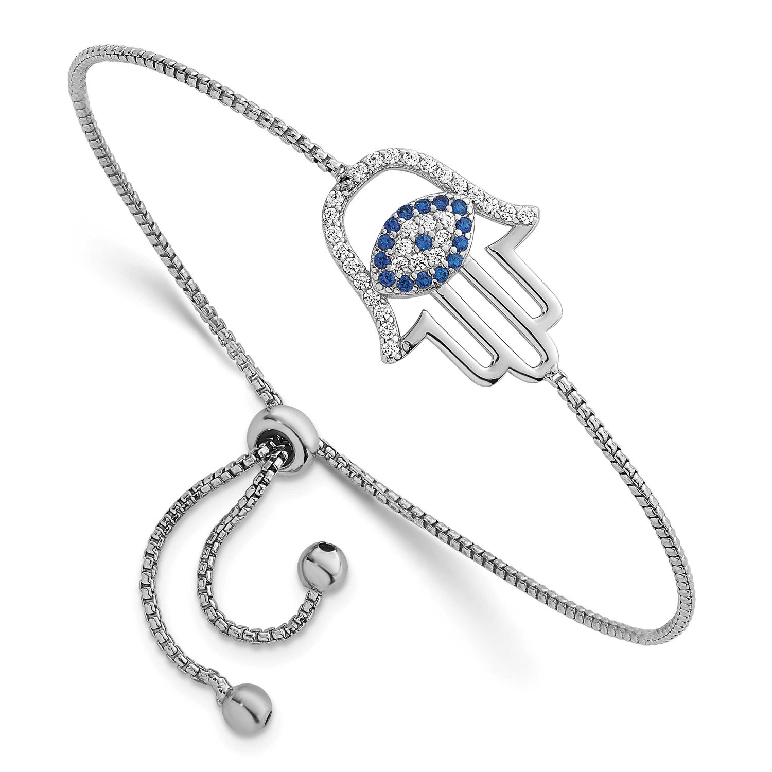 Polished CZ and Cr. Blue Spinel Evil Eye Hamsa Adj Bolo Bracelet Sterling Silver Rhodium-Plated, MP…