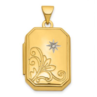Diamond Polished Floral and Star 20mm Rectangle Locket 14k Gold, MPN: XL892, UPC: