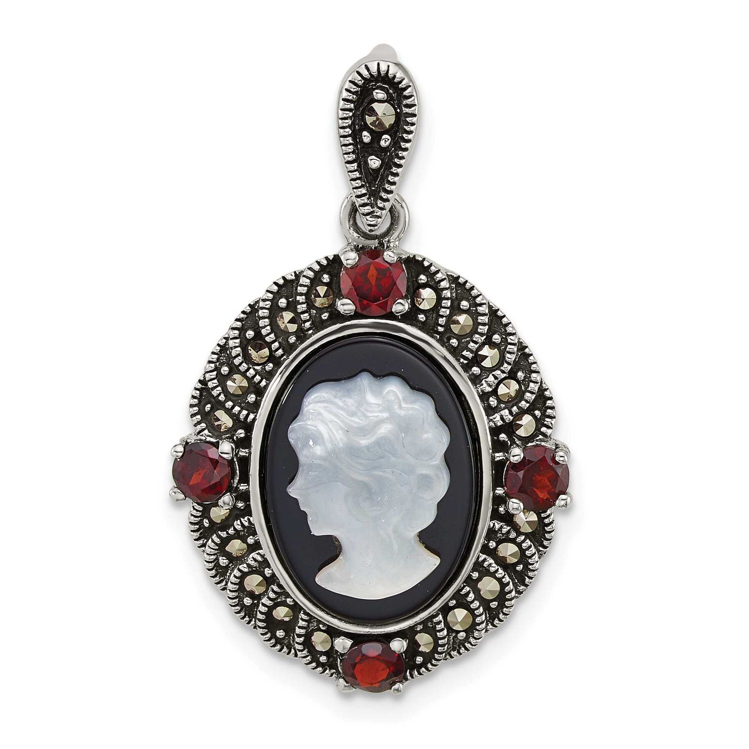 Marcasite Garnet Blk Agate and Mop Cameo Pendant Sterling Silver Antiqued, MPN: QG7181P, UPC: