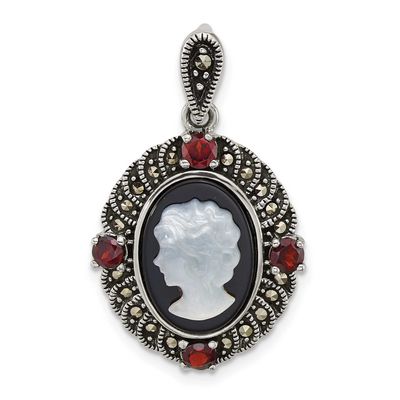 Marcasite Garnet Blk Agate and Mop Cameo Pendant Sterling Silver Antiqued, MPN: QG7181P, UPC: