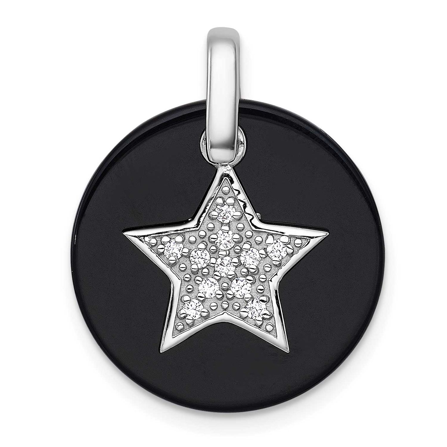 Polished Onyx Circle with CZ Star Dangle Pendant Sterling Silver Rhodium-Plated, MPN: QP5940, UPC: