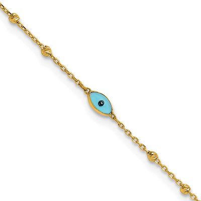 Diamond-Cut Stations Blue Glass Evil Eye 9 Inch Plus 1 Inch Extender Anklet 14k Gold, MPN: ANK369-9…