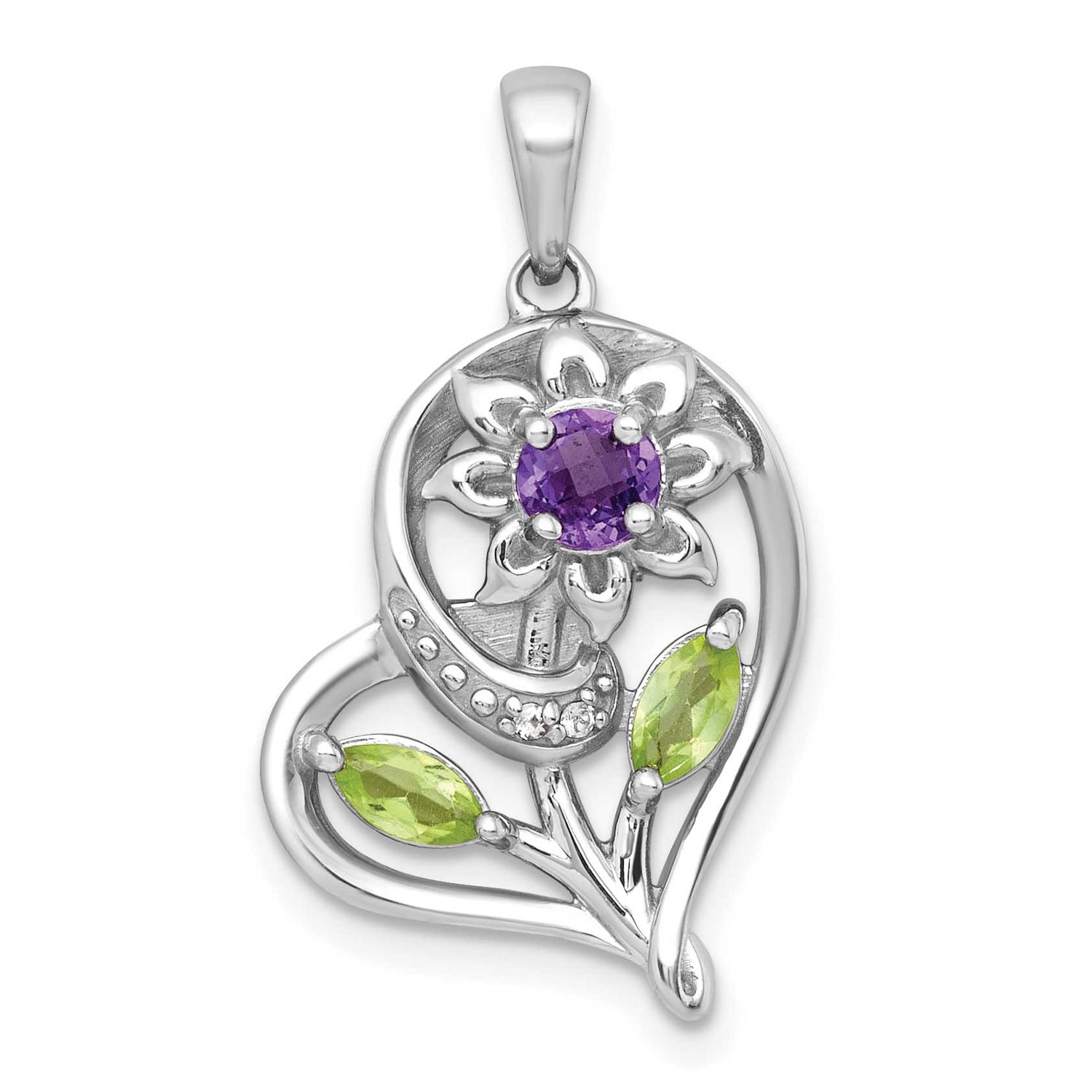 Polished Amethyst Peridot and White Topaz Flower In Heart Pendant Sterling Silver Rhodium-Plated, M…