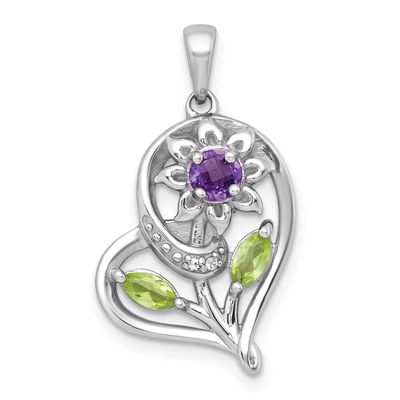 Polished Amethyst Peridot and White Topaz Flower In Heart Pendant Sterling Silver Rhodium-Plated, M…