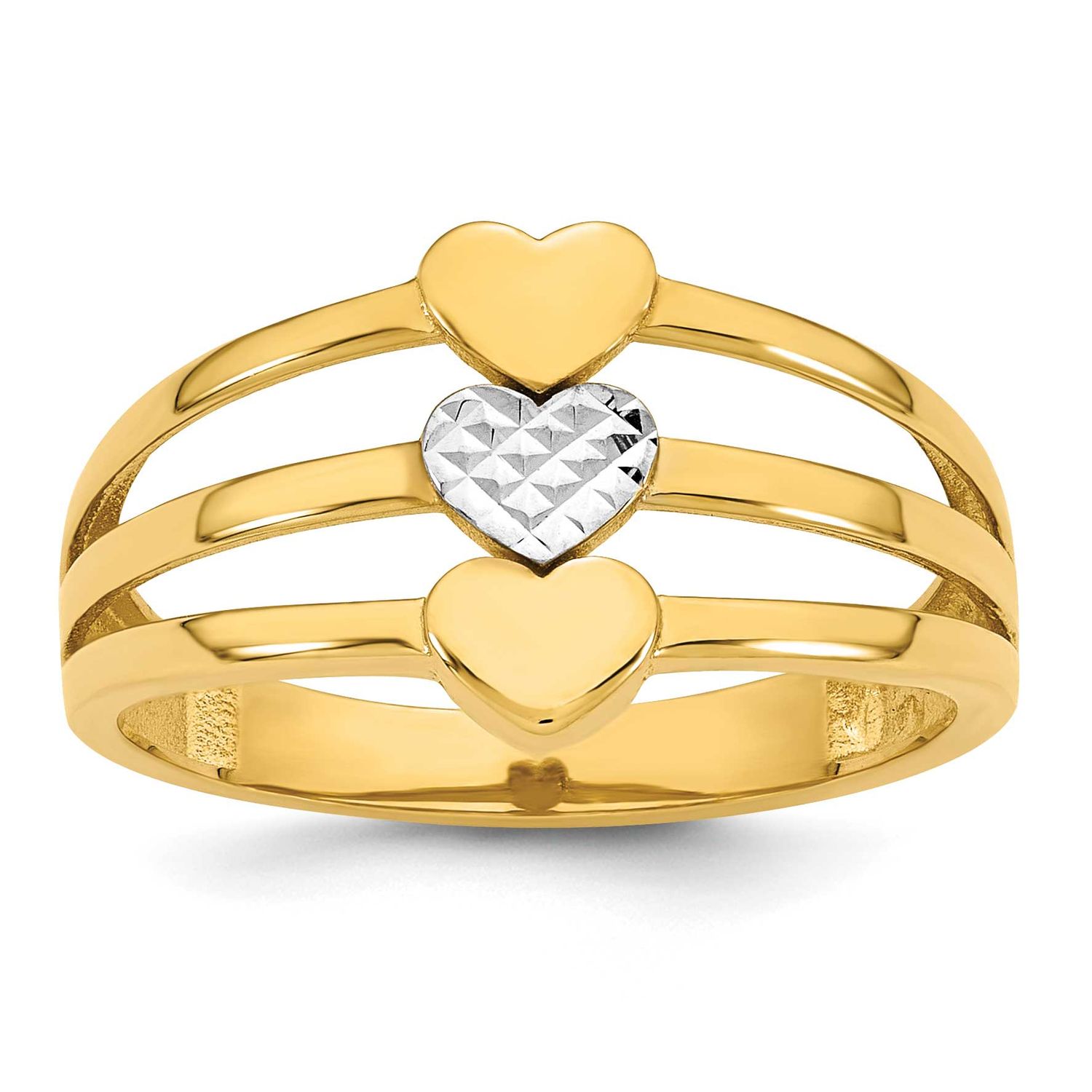 Diamond-cut Three Hearts Ring 14k Gold with Rhodium Polished, MPN: R974, UPC: