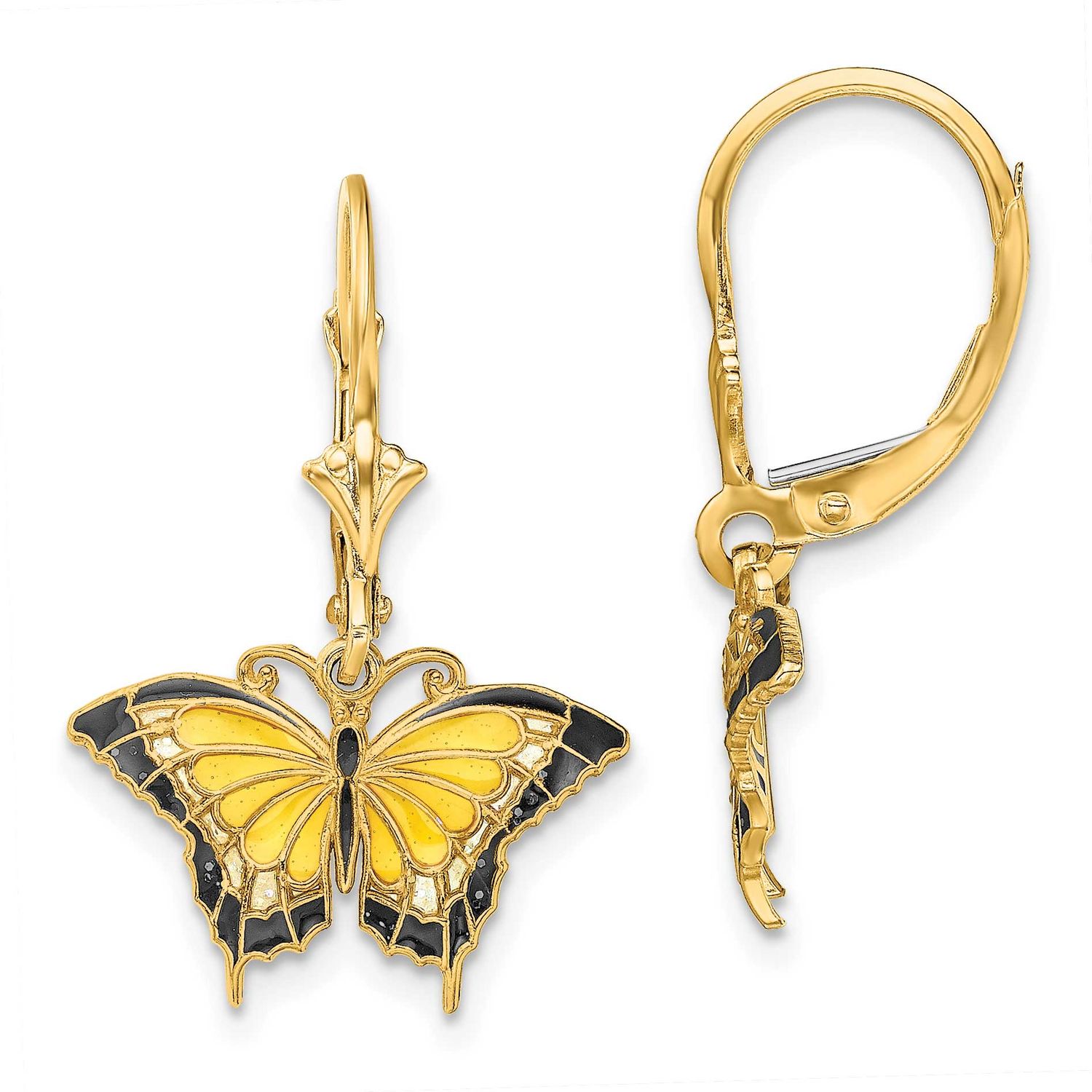 Butterfly with Yellow Enameled Wings Leverback Earrings 14k Gold, MPN: TF1920, UPC: 637218157822