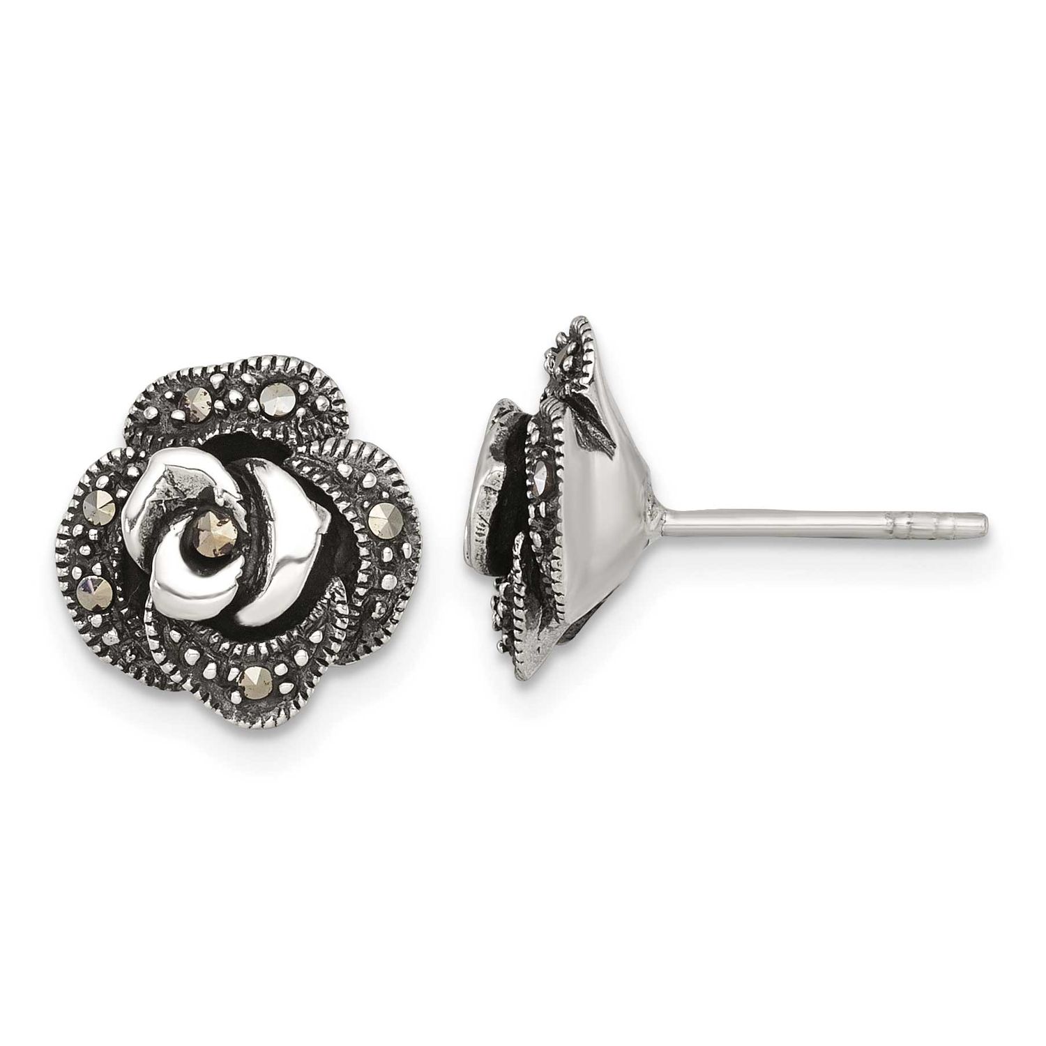 Marcasite Fancy Rose Post Earrings Sterling Silver Antiqued, MPN: QE18229, UPC: