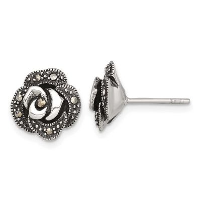 Marcasite Fancy Rose Post Earrings Sterling Silver Antiqued, MPN: QE18229, UPC: