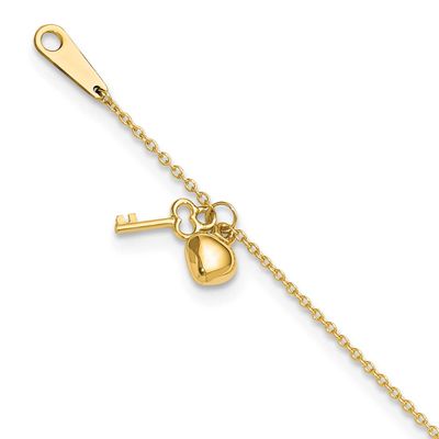 Heart and Key 9 Inch Plus 1 Inch Extender Anklet 10k Gold, MPN: 10ANK289-10, UPC: