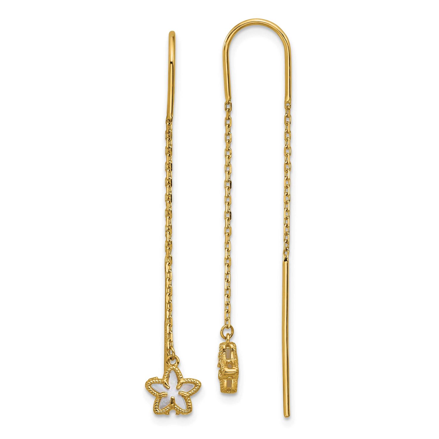 Mother of Pearl Flower Cable Chain Threader Earrings 48.6 Inch 14k Gold Polished, MPN: TF2586, UPC: