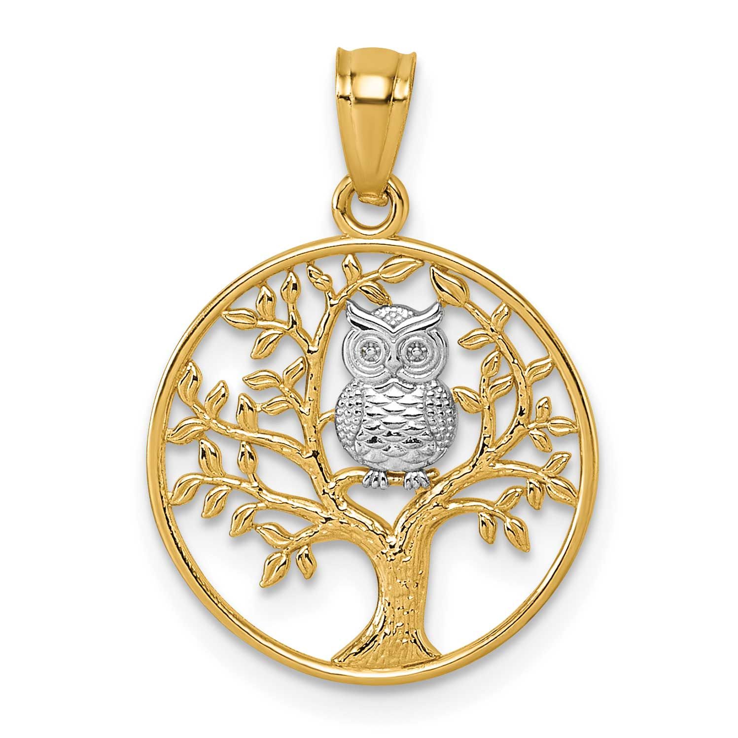 Textured Owl Sitting In Tree In Circle Pendant 14k Gold &amp; Rhodium, MPN: K10056, UPC: