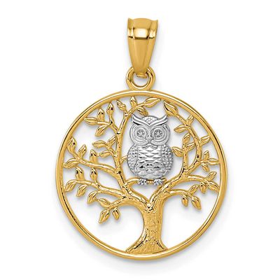 Textured Owl Sitting In Tree In Circle Pendant 14k Gold &amp; Rhodium, MPN: K10056, UPC: