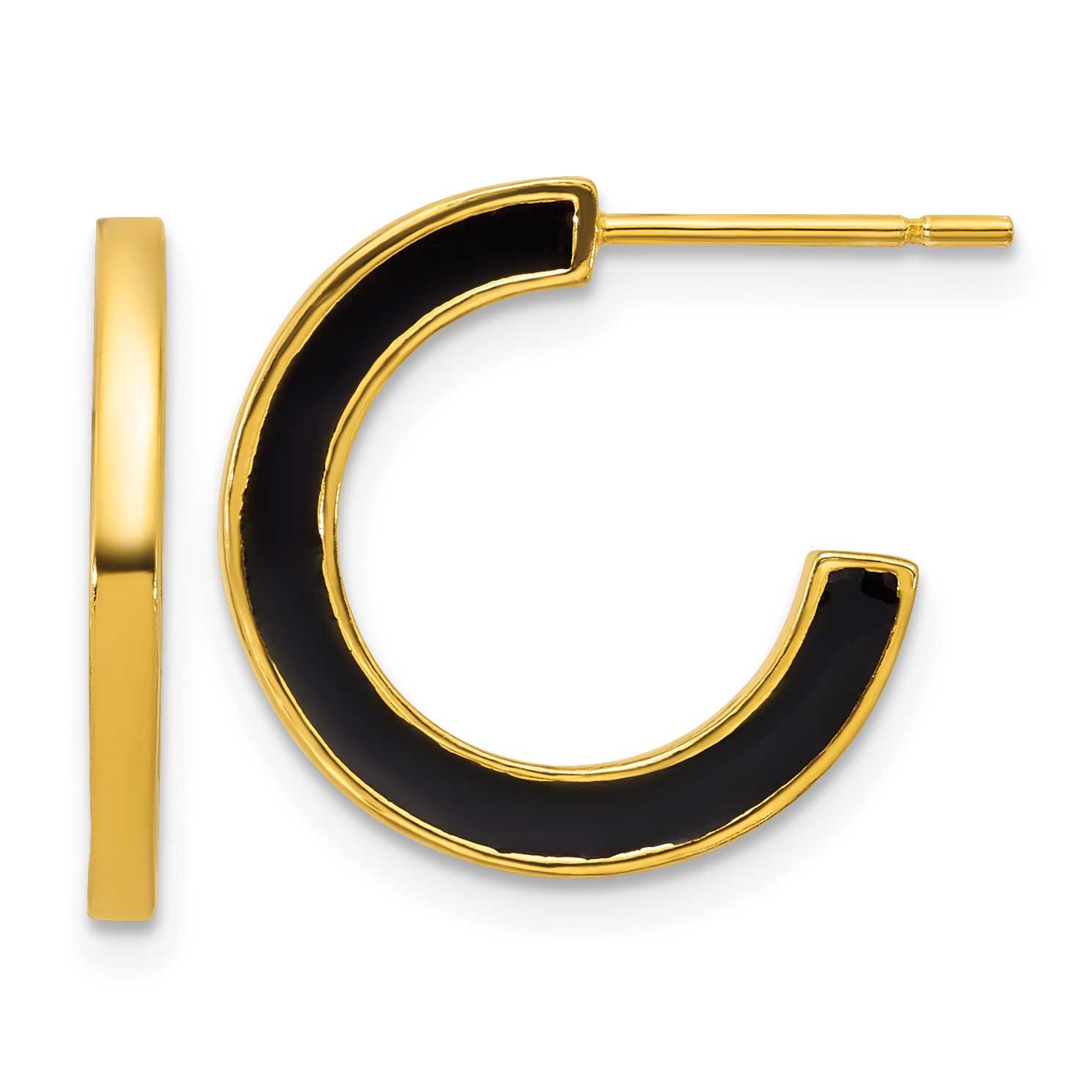 Black Enamel 18x2mm Post C-Hoop Earrings Sterling Silver Gold-Tone Polished, MPN: QE17979, UPC:
