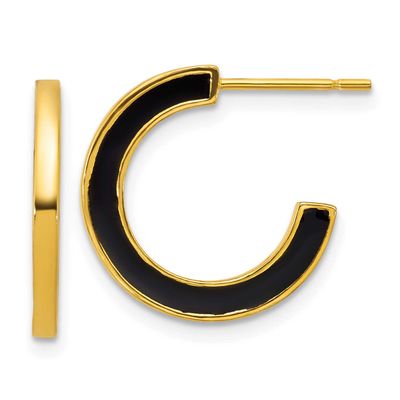 Black Enamel 18x2mm Post C-Hoop Earrings Sterling Silver Gold-Tone Polished, MPN: QE17979, UPC:
