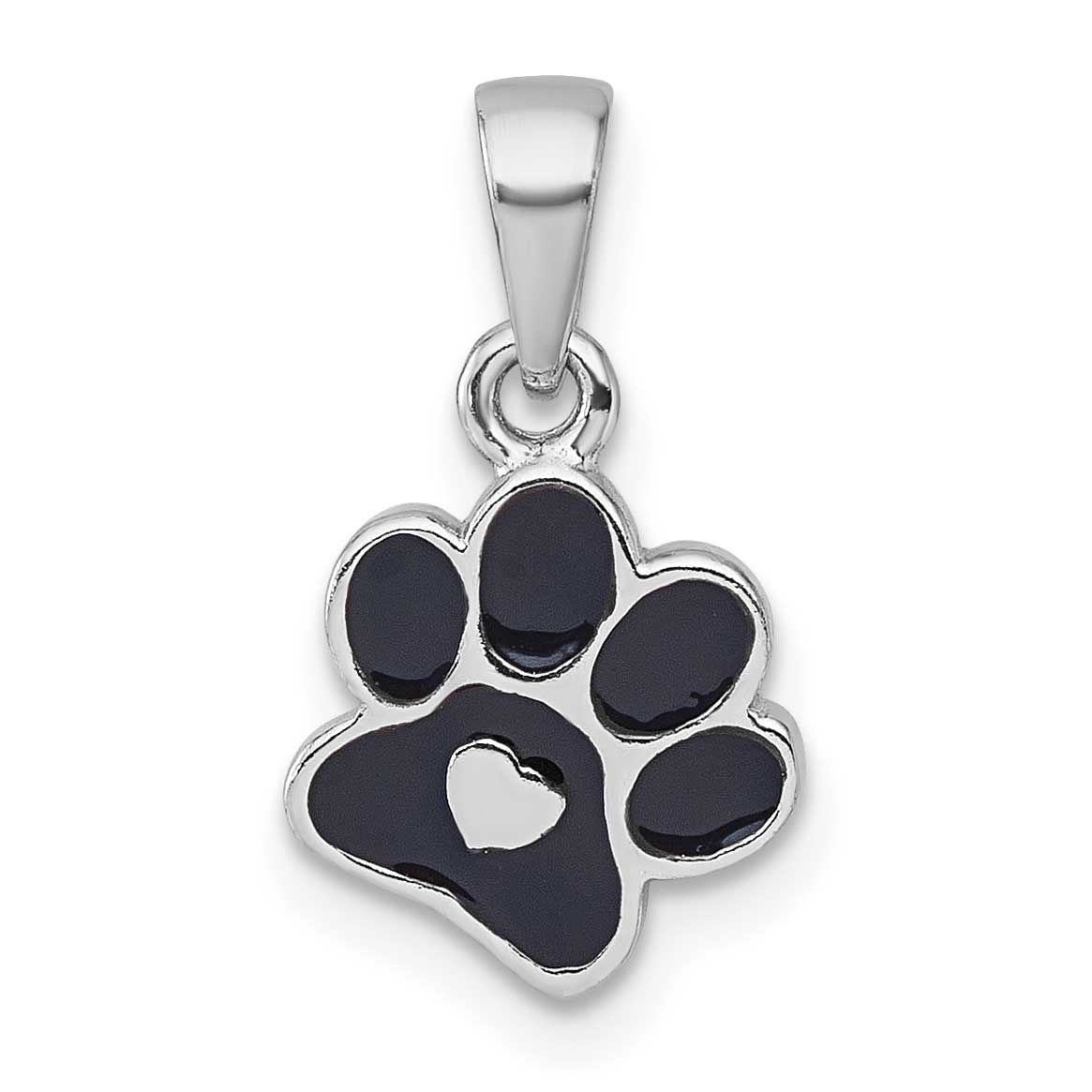 Enamel Black Paw Print with Heart Pendant Sterling Silver Rhodium-Plated, MPN: QG7238P, UPC: