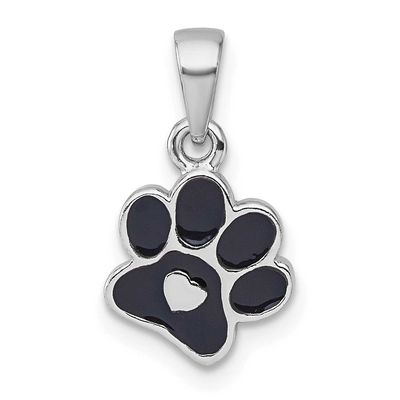 Enamel Black Paw Print with Heart Pendant Sterling Silver Rhodium-Plated, MPN: QG7238P, UPC: