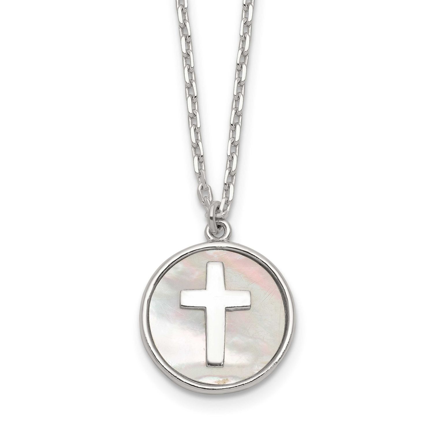 Mother of Pearl Cross Necklace Sterling Silver Polished, MPN: QG7022-16, UPC: